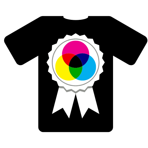 Image of a t-shirt with a multi-colored ribbon denoting a Best Print Quality in the DTF T-Shirt Contest award.